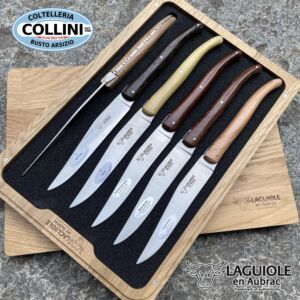 Laguiole en Aubrac - Coffret de 6 couteaux à steak avec manche en 6 essences de bois différentes - couteaux de table