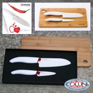Kyocera - Définir avec Santoku éplucher FK140WH FK075WH et planche à découper en bambou - couteau en céramique blanche